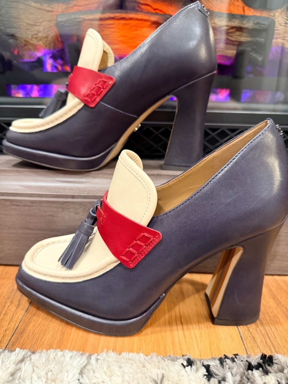 Sam Edelman Navy, Cream & Red Tassel Platform Heel Loafer
